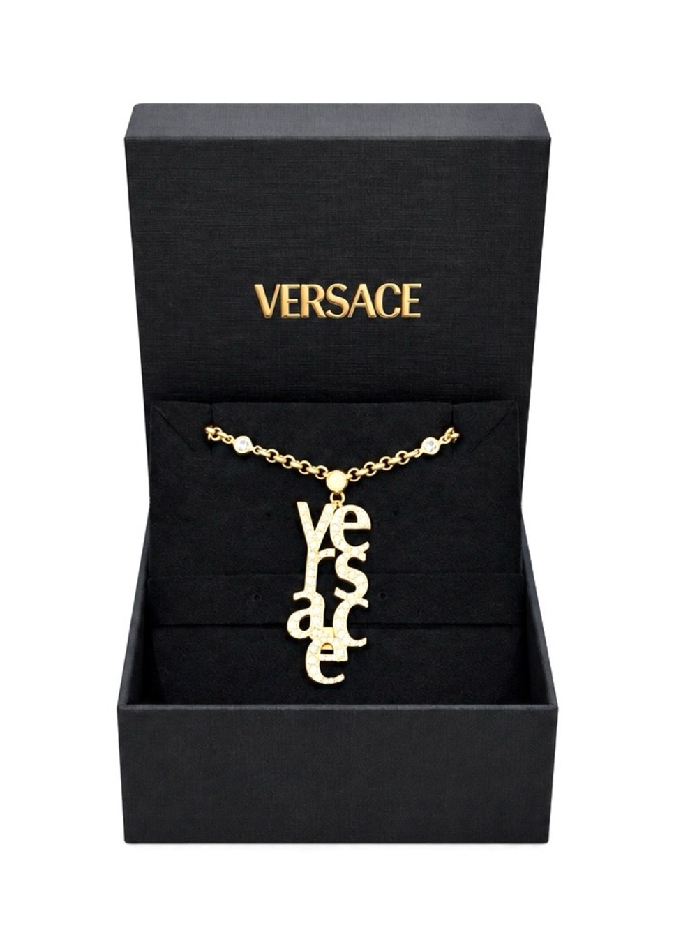 Versace RARE Gold Tone Crystal Embelleshed Vertical Script Necklace